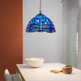 Blue & Black Dragonfly Tiffany Style Pendant Lamp 10 inch Stained Glass Shade